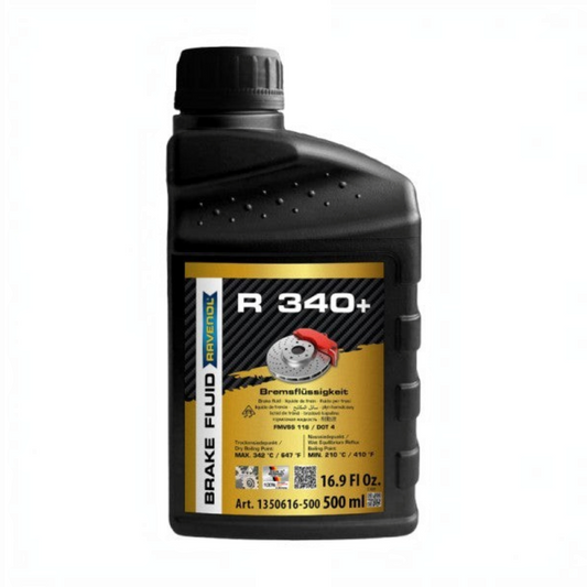 GreenFuchs RAVENOL R 340+ Racing Bremsflüssigkeit in einer 0,5 Liter Flasche für sportliche Fahrzeuge und Trackdays.